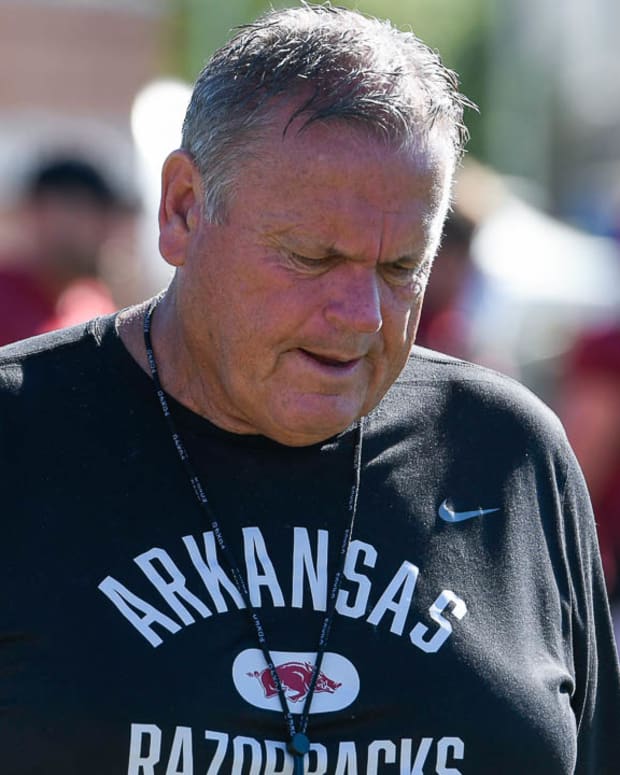 Razorbacks coach Sam Pittman during Wednesday morning's practice